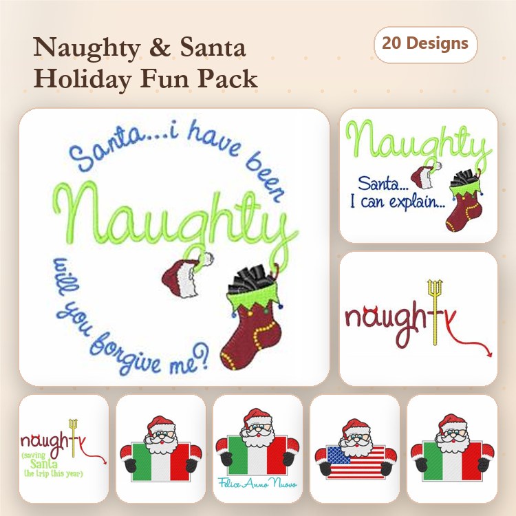 Santa & Naughty Text Holiday Embroidery Designs Bundle – Santa with Stocking, Naughty Text with Stocking & More (20 Designs)