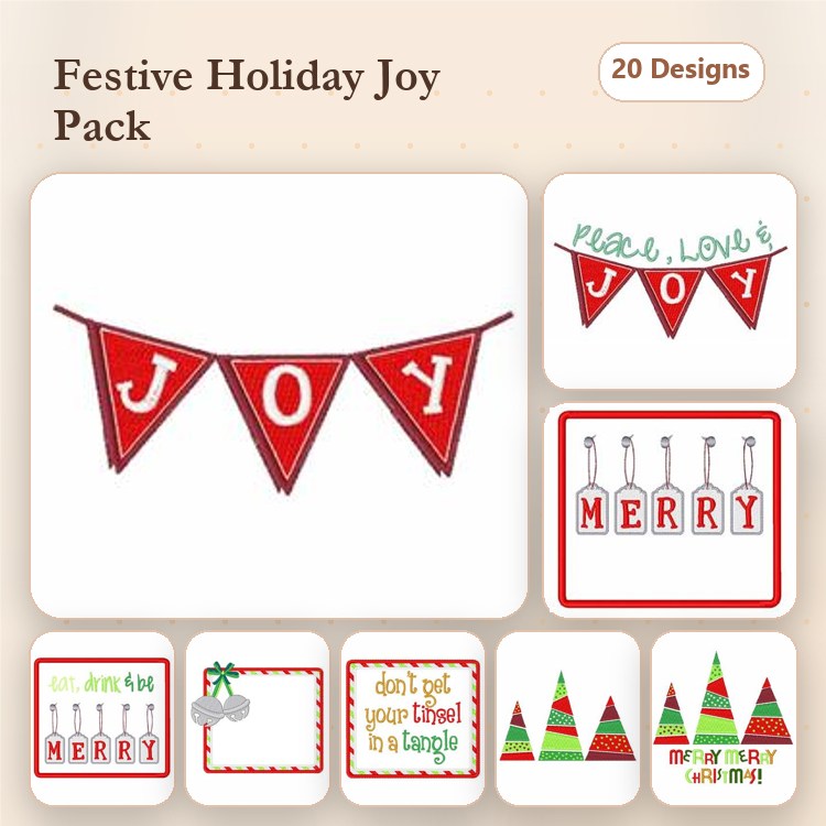 Festive Holiday Decorations Embroidery Designs Bundle – Joy Banner, Merry Sign, Holiday Tree & More (20 Designs)
