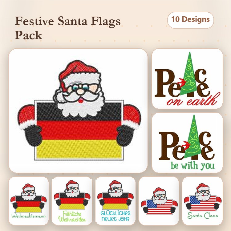 Santa & Peace Messages Embroidery Designs Bundle – Santa with American Flag, Santa with German Flag & More (10 Designs)