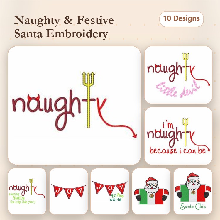 Naughty Santa Embroidery Designs Bundle – Naughty Text, Santa Claus, Christmas Tree & More (10 Designs)