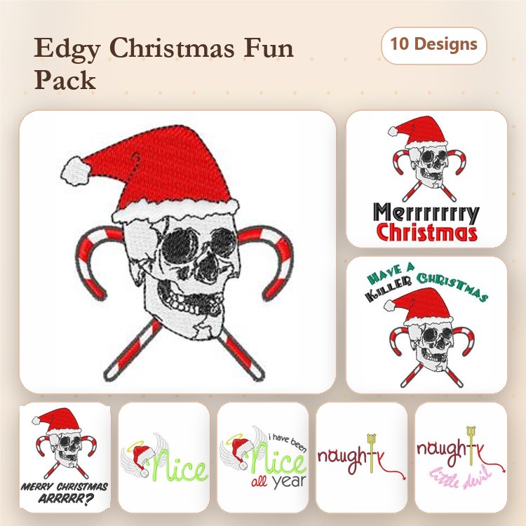 Edgy Christmas Embroidery Designs Bundle – Skull with Santa Hat, Merry Christmas Text, Naughty List & More (10 Designs)