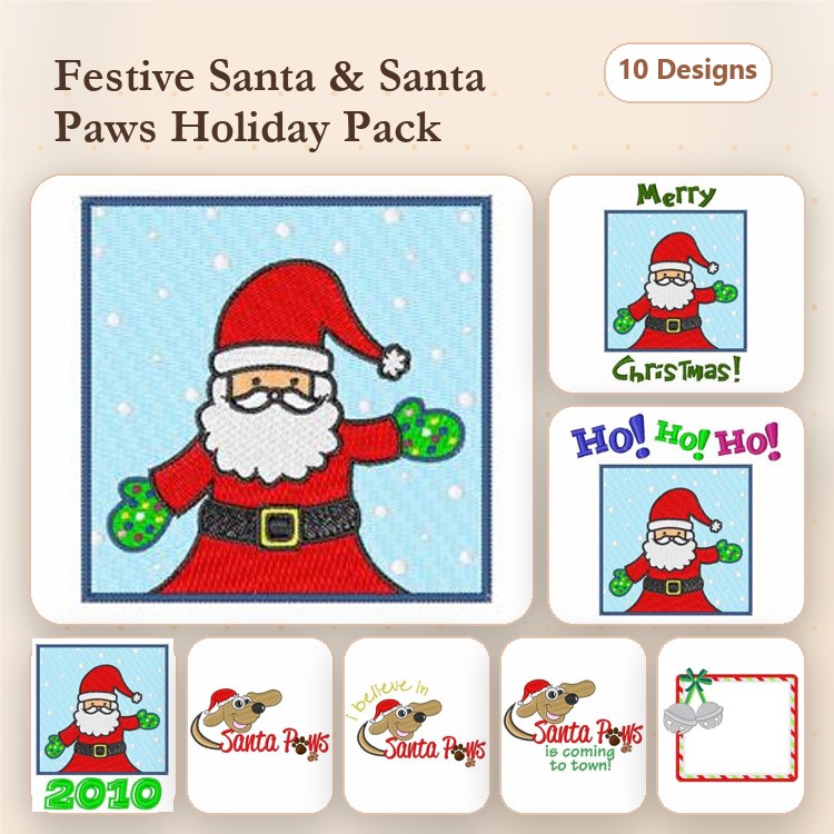 Santa & Santa Paws Embroidery Designs Bundle – Santa with Green Gloves, Merry Christmas Text, Santa Paws with Gift & More (10 Designs)