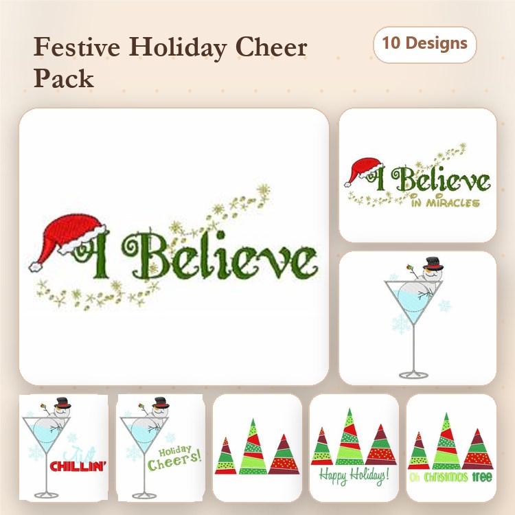 Holiday Cheer Embroidery Designs Bundle – I Believe in Miracles, Martini Glass with Snowman, Christmas Trees & More (10 Designs)