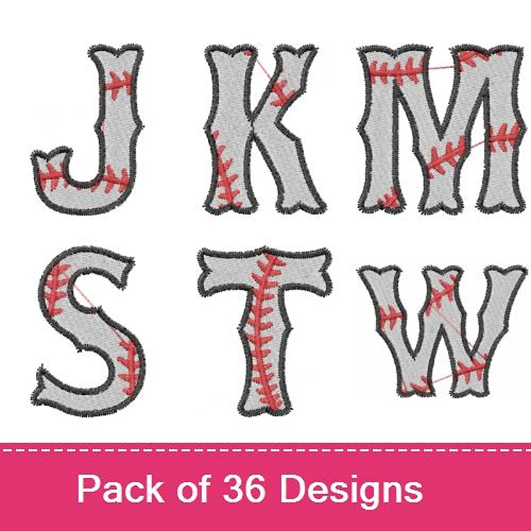 Baseball-Themed Alphabet Embroidery Designs Bundle – Baseball Letter J, K, M & More (36 Designs)