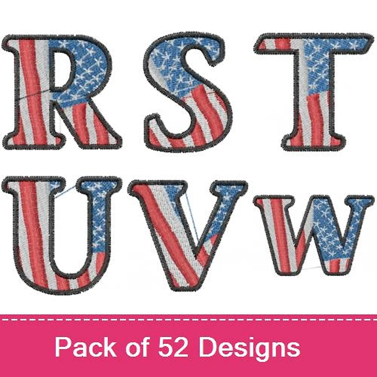 Applique Patriotic Alphabet Embroidery Bundle – R Letter with American Flag, S Letter with American Flag, T Letter with American Flag & More (52 Designs)
