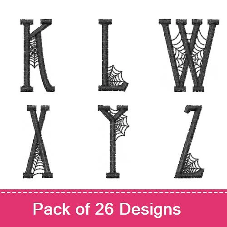 Halloween Alphabet Letters Embroidery Designs Bundle – K with Spiderweb, L with Spiderweb, W with Spiderweb & More (26 Designs)