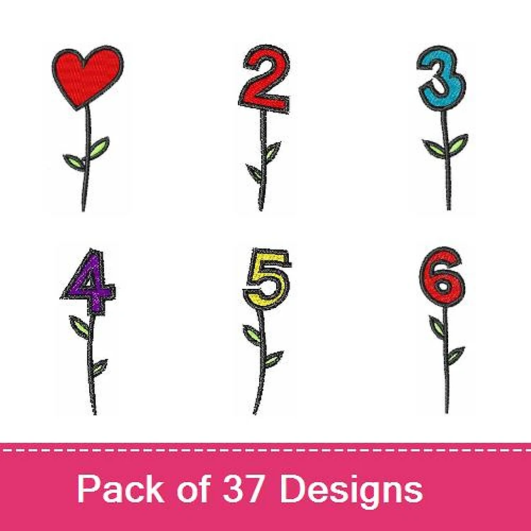 Numerical Flower Designs Embroidery Bundle – Red Heart, Number 2 Flower, Number 3 Flower & More (37 Designs)