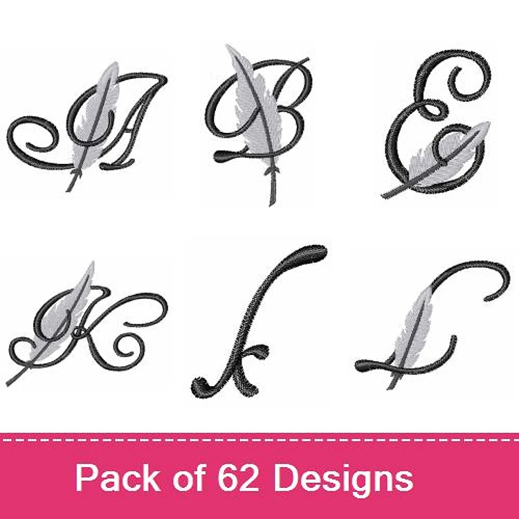 Monogram Letters with Feather Accents Embroidery Designs Bundle – A with Feather, B with Feather, C with Feather & More (62 Designs)