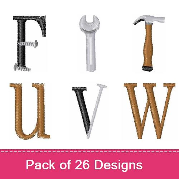 Tool-Themed Alphabet Letters Embroidery Designs Bundle – Letter F with Screw, Letter I with Wrench, Letter U with Hammer & More (26 Designs)