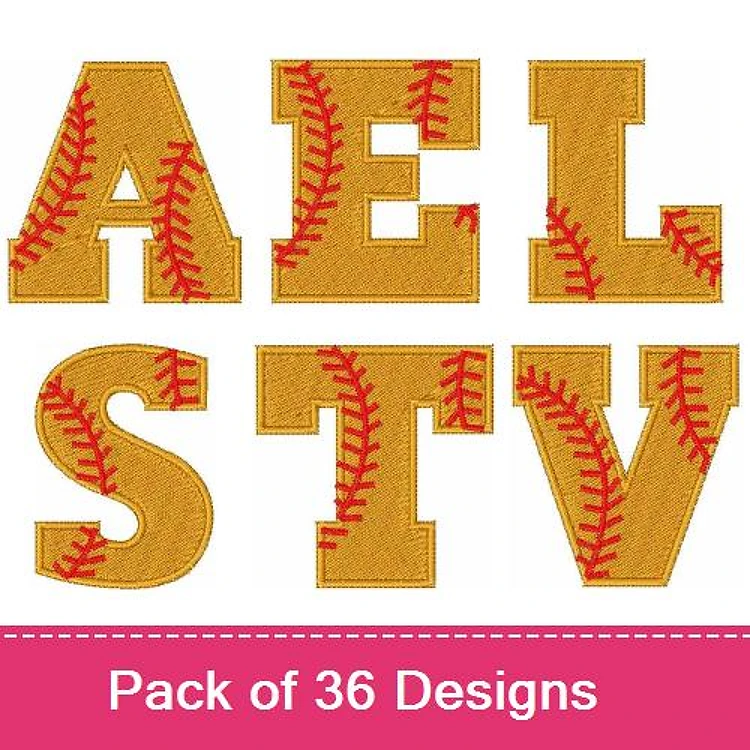 Applique Baseball-themed Letters Embroidery Designs Bundle – A, E, L, S, T, V Letters & More (36 Designs)