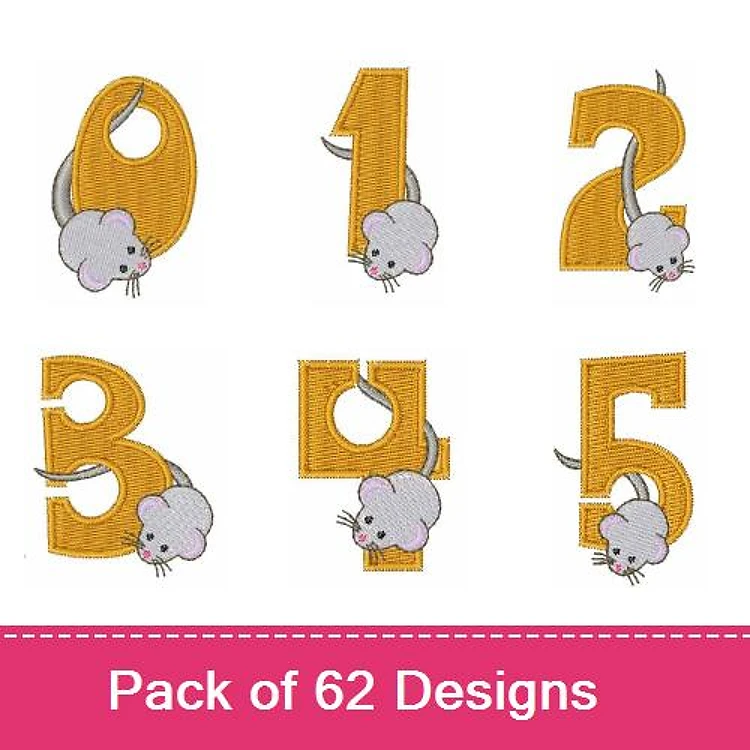 Mouse Number Embroidery Designs Bundle – Number 0, Number 1, Number 2 & More (62 Designs)