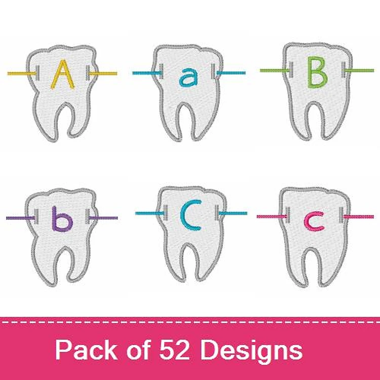 Dental Themed Alphabet Embroidery Designs Bundle – Tooth with A, Tooth with B, Tooth with C & More (52 Designs)