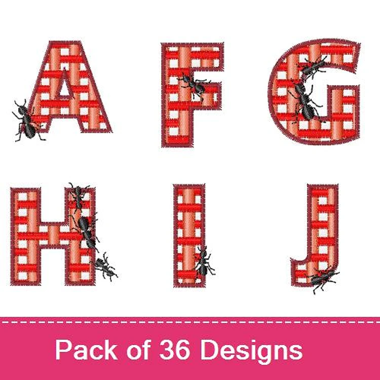 Applique Alphabet Letters with Ants Embroidery Designs Bundle – A, F, G, H, J & More (36 Designs)