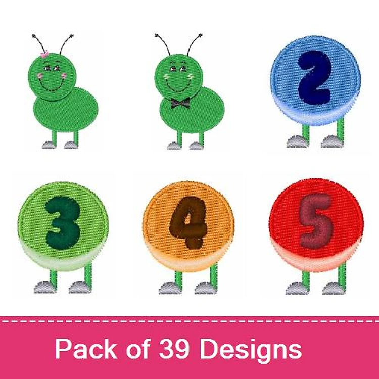 Caterpillar & Numbers Embroidery Designs Bundle – Caterpillar with Bow Tie, Number 2, Number 3 & More (39 Designs)