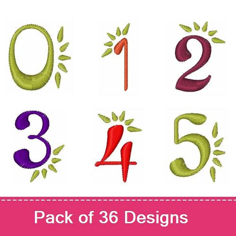 Number Embroidery Designs Bundle – 0 with Green Leaves, 2 with Purple Leaves, 4 with Red Leaves & More (36 Designs)