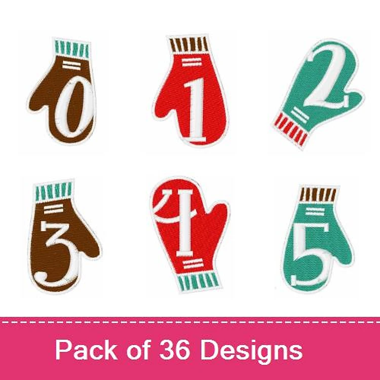 Applique Mitten Numbers Embroidery Designs Bundle – Brown Mitten with 0, Red Mitten with 1, Green Mitten with 2 & More (36 Designs)
