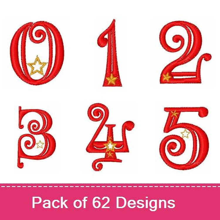 Decorative Numbers Embroidery Designs Bundle – Curly Numbers With Star Accents (62 Designs)