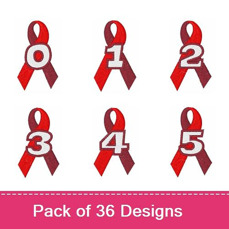 Numbered Ribbons Embroidery Bundle – Red Ribbon with Number 0, Red Ribbon with Number 1, Red Ribbon with Number 2, & More (36 Designs)