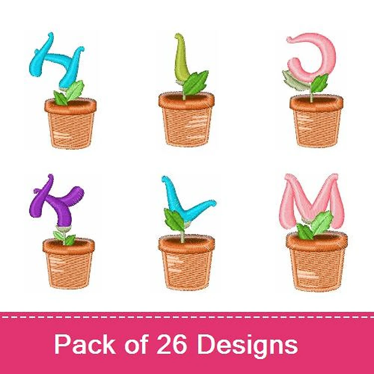 Flower Pots with Letters Embroidery Designs Bundle – Flower Pot with Letter H, K, M & More (26 Designs)