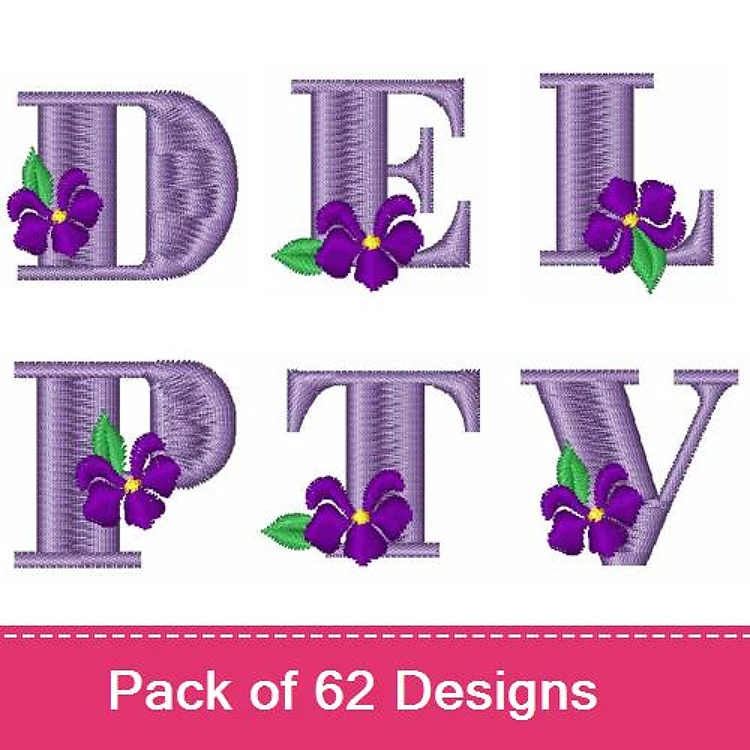 Floral Letters Embroidery Designs Bundle – D Letter with Violet, E Letter with Violet, L Letter with Violet & More (62 Designs)