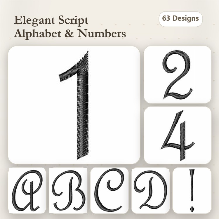 Elegant Script Letters & Numbers Embroidery Designs Bundle – A, B, C, 1, 2 & More (63 Designs)