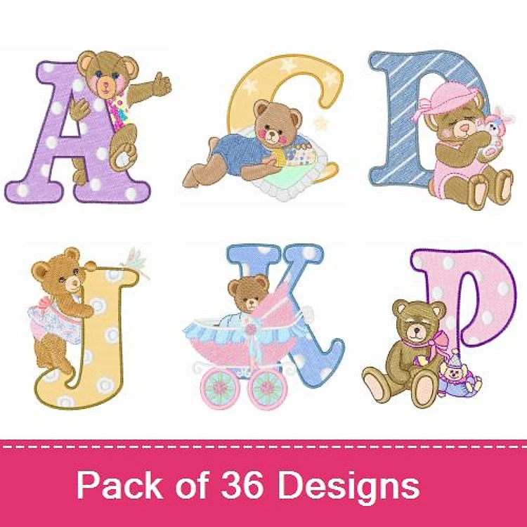 Teddy Bear Alphabet Embroidery Designs Bundle – Teddy Bear with Letter A, B, C, & More (36 Designs)