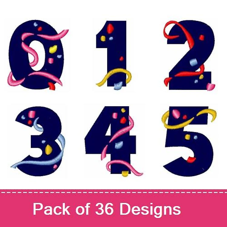 Colorful Number Embroidery Designs Bundle – Number 0 with Ribbons, Number 1 with Ribbons, Number 2 with Ribbons & More (36 Designs)