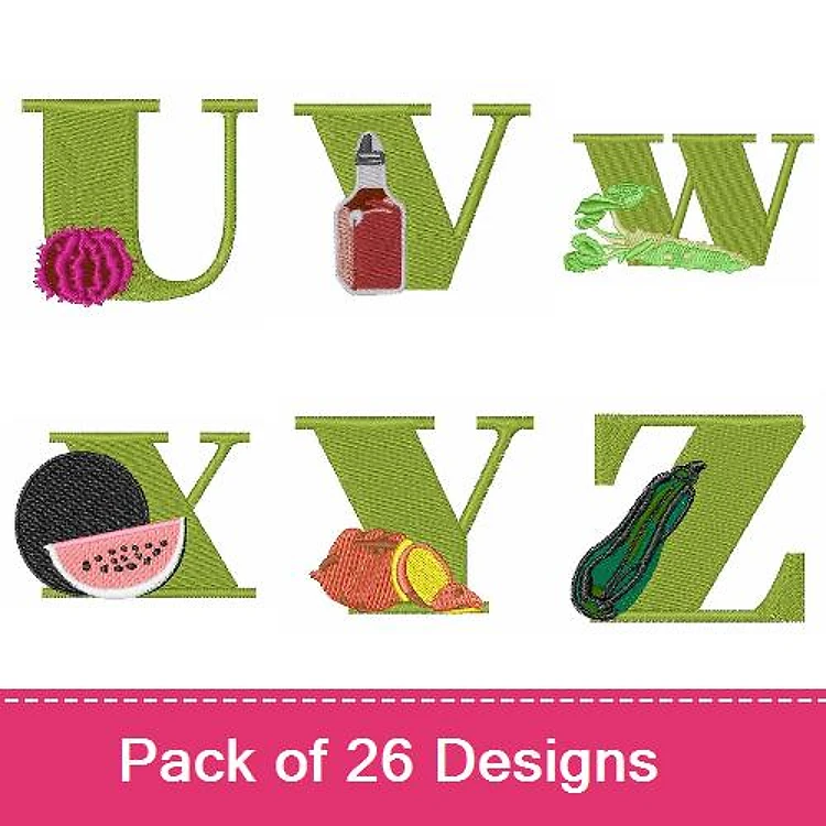 Decorative Letters with Food Items Embroidery Designs Bundle – U with Cabbage, V with Hot Sauce, W with Lettuce & More (26 Designs)