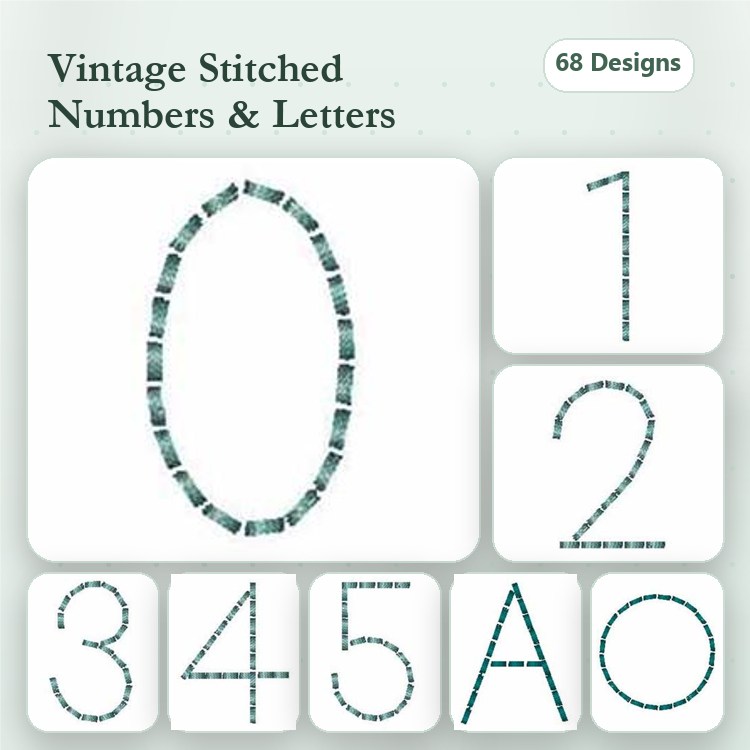 Vintage Stitched Numbers & Letters Embroidery Designs Bundle – 0, 1, 2, 3, 4, 5, A & More (68 Designs)