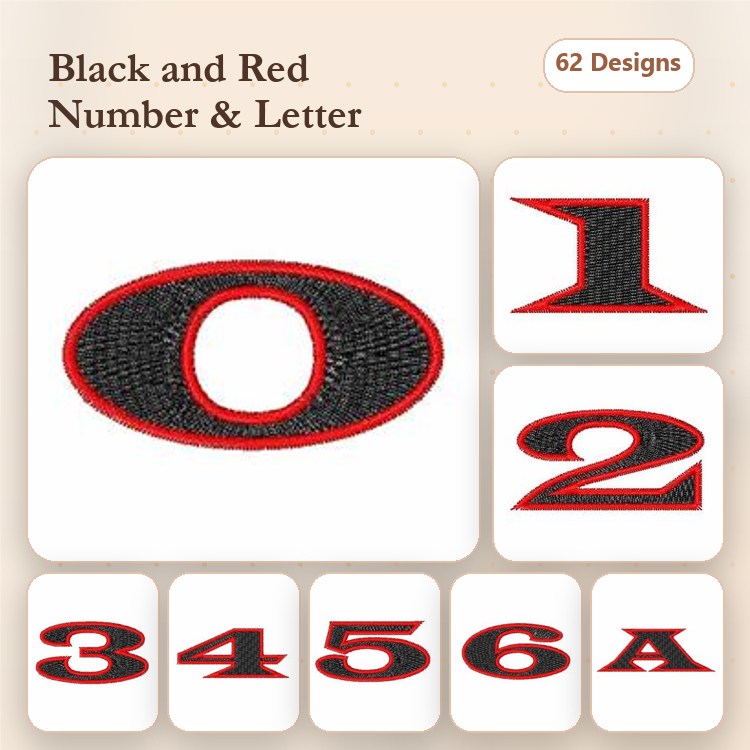 Black and Red Numbers & Letters Embroidery Designs Bundle – Number 0, Number 1, Number 2, Letter A & More (62 Designs)