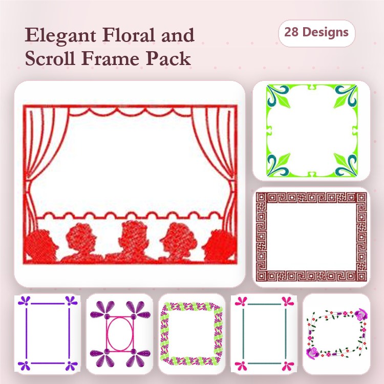 Redwork Elegant Floral & Scroll Frame Embroidery Designs Bundle – Elegant Scroll Frame, Floral Frame with Leaves, & More (28 Designs)