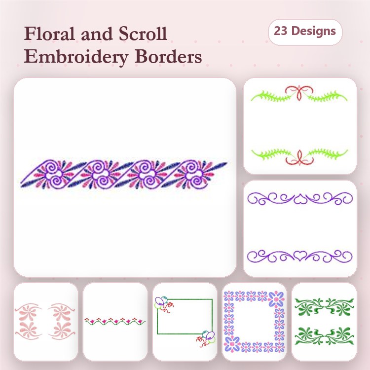 Floral and Scroll Borders Embroidery Designs Bundle – Floral Border with Roses, Scroll Border with Leaves & More (23 Designs)