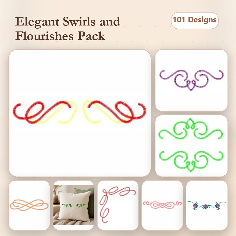 Elegant Swirls and Flourishes Embroidery Designs Bundle – Swirl Design 1, Flourish Design 1, Swirl Design 2 & More (101 Designs)