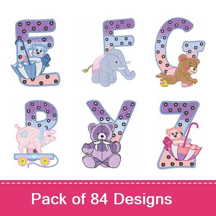 Applique Animal-themed Alphabet Embroidery Bundle – A with Anchor & Bear, B with Bear, C with Elephant & More (84 Designs)