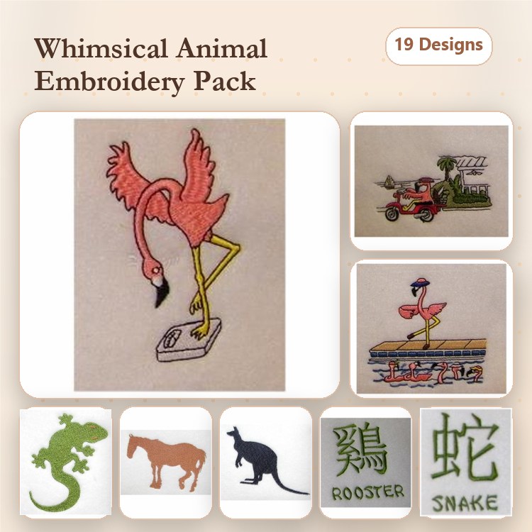 Whimsical Animals Embroidery Designs Bundle – Pink Flamingo, Vintage Car, Lizard & More (19 Designs)
