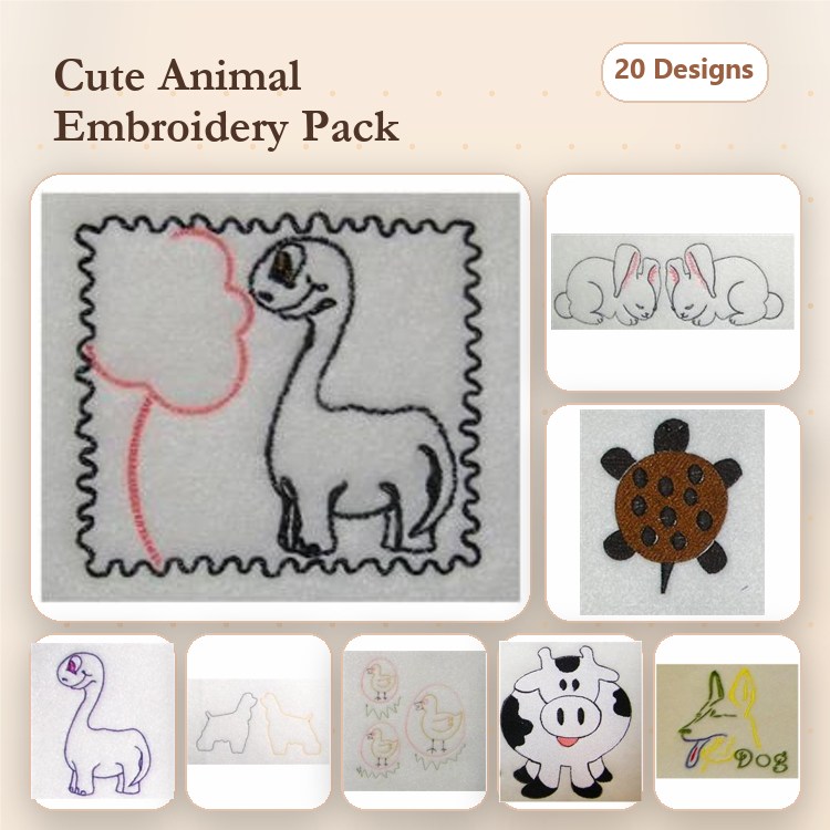 Dinosaur & Dog Embroidery Bundle – Ducklings & Flamingo (20 Designs)