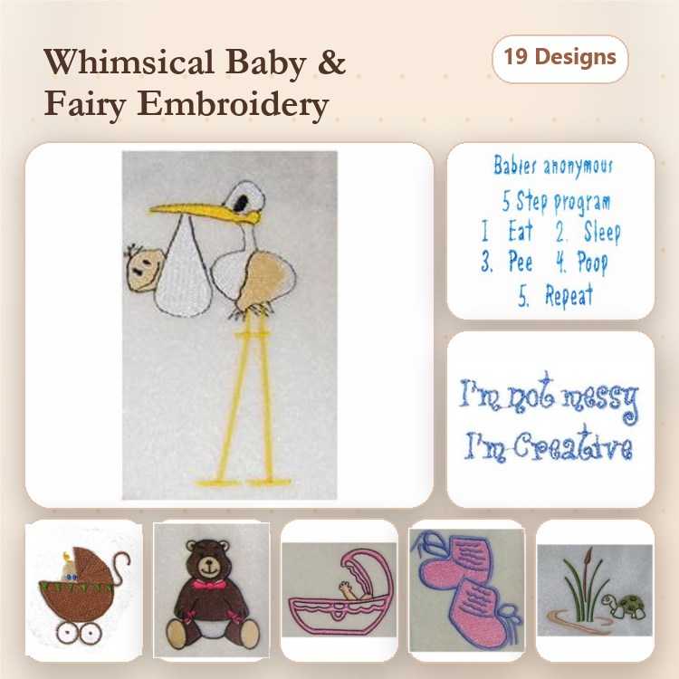 Whimsical Baby & Fairy Embroidery Designs Bundle – Stork with Baby, Teddy Bear, Baby Carriage & More (19 Designs)