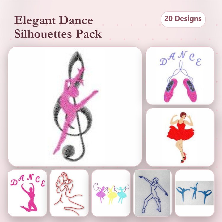 Dance Silhouettes Embroidery Designs Bundle – Dancer Silhouette with Treble Clef, Ballet Slippers, Dancer with Red Dress & More (20 Designs)