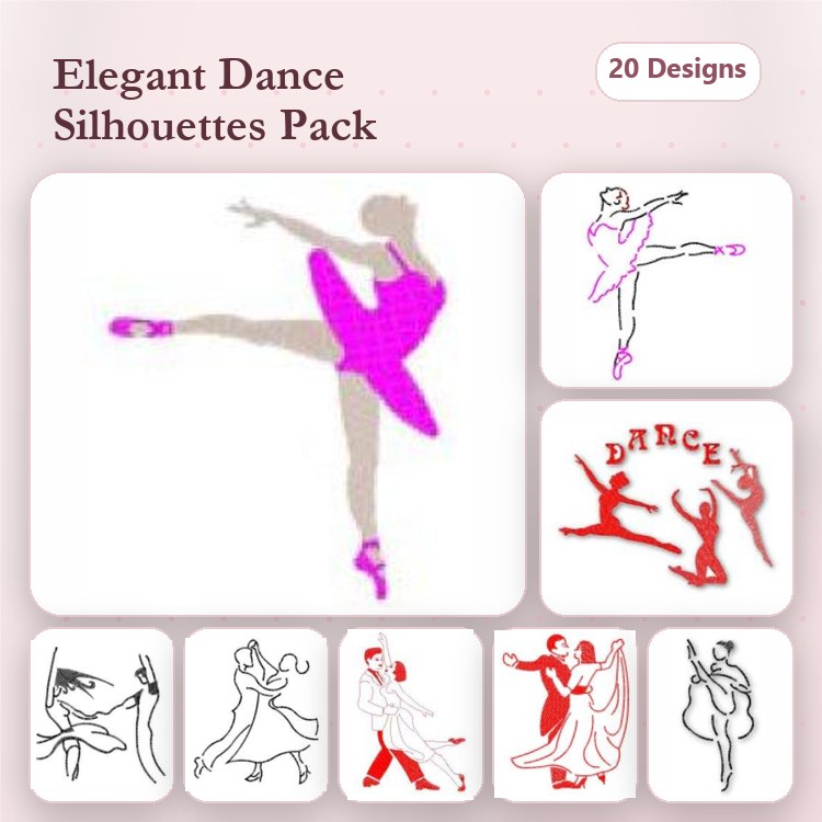Dance Silhouettes Embroidery Designs Bundle – Ballet Dancer, Dancing Couple, Salsa Dancer & More (20 Designs)