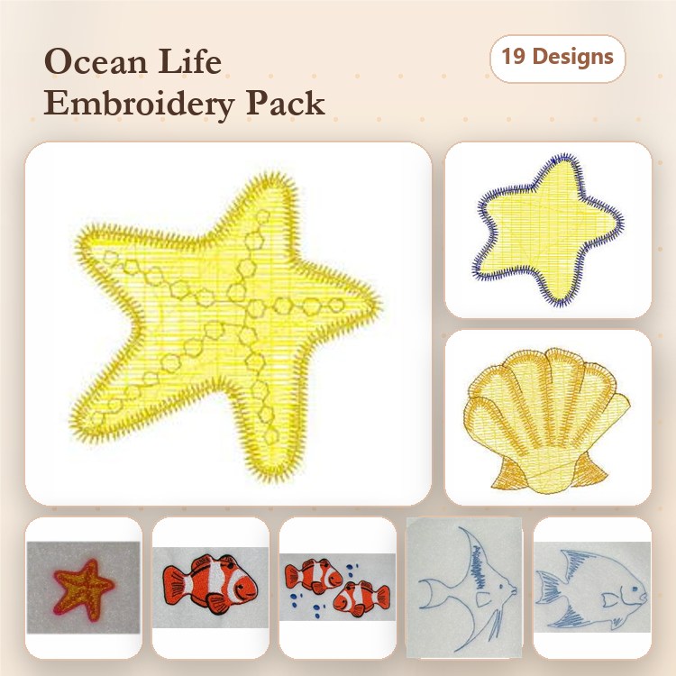 Ocean Life Embroidery Designs Bundle – Starfish, Seashell, Clownfish & More (19 Designs)