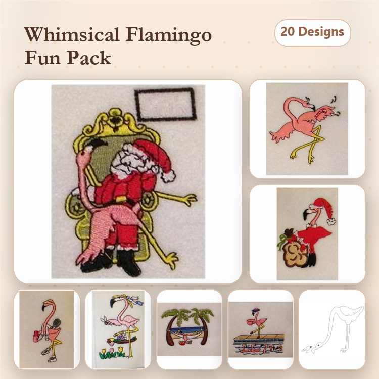 Flamingo Embroidery Designs Bundle – Flamingo with Santa Hat, Flamingo on Chair, Flamingo with Flower & More (20 Designs)