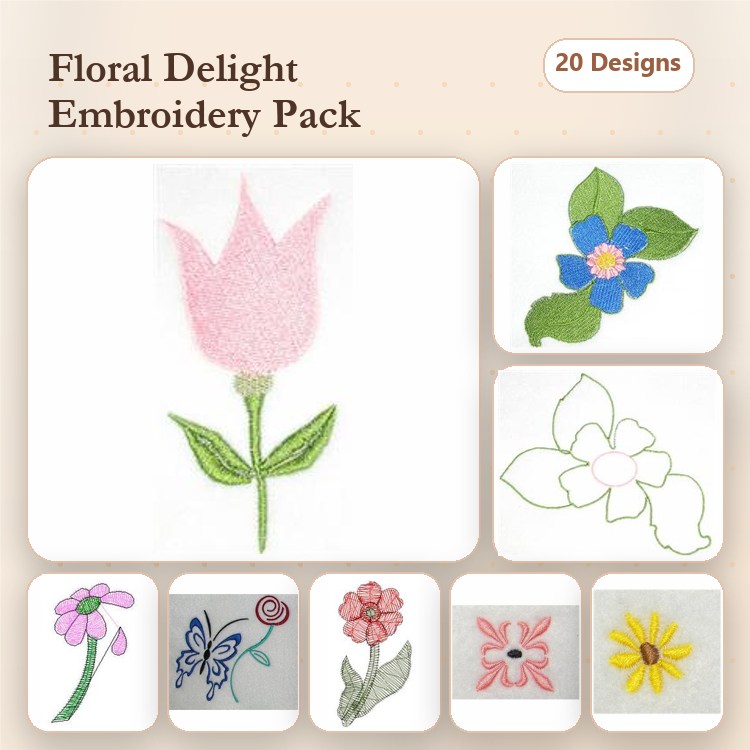 Floral Embroidery Designs Bundle – Pink Tulip, Blue Flower, White Magnolia & More (20 Designs)