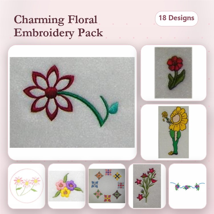 Floral Embroidery Designs Bundle – Red Flower with Stem, Yellow Sunflower, Pink Floral Cluster & More (18 Designs)