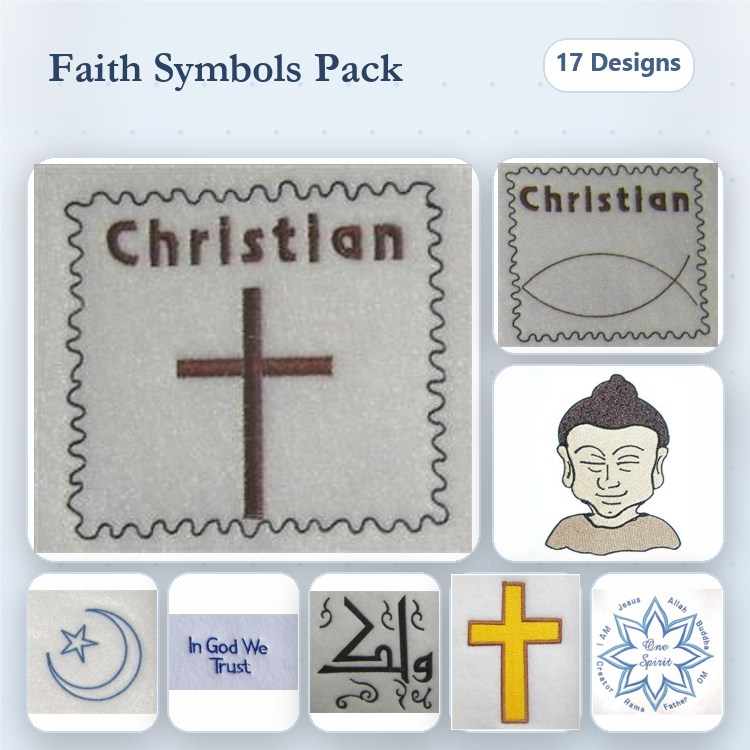 Faith Symbols Embroidery Designs Bundle – Christian Cross, Buddha, In God We Trust & More (17 Designs)