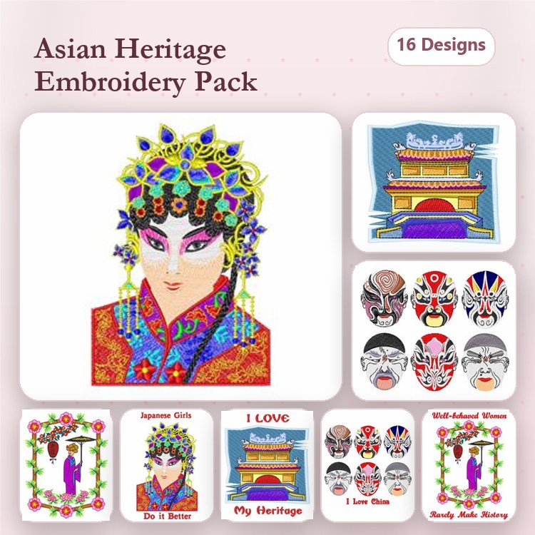 Asian Heritage Themed Embroidery Designs Bundle – Asian Girl with Floral Headdress, Temple Structure, Traditional Masks & More (16 Designs)