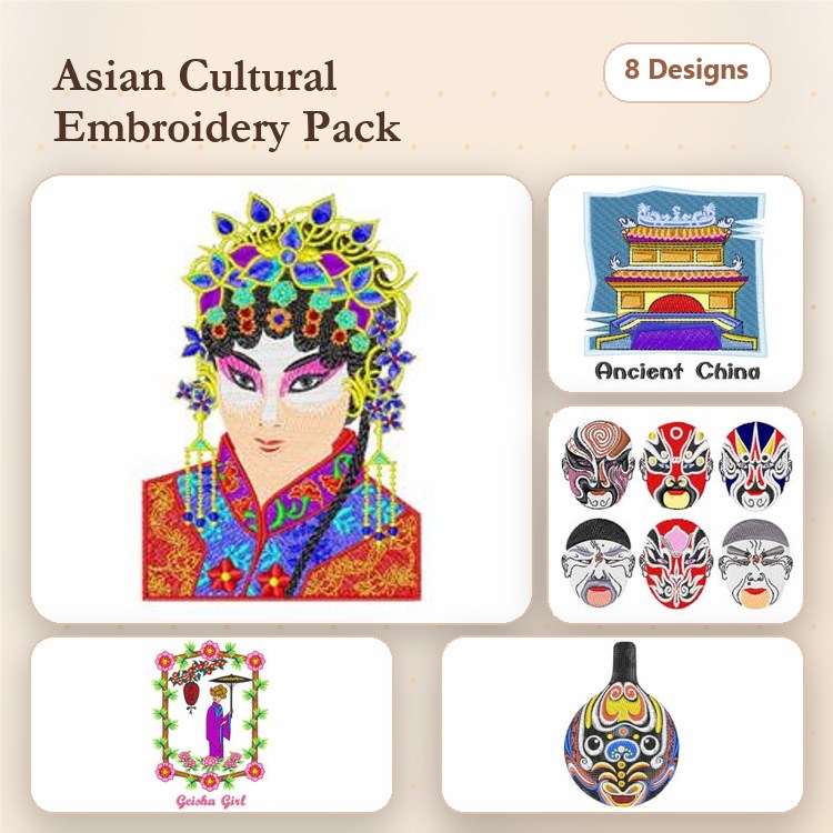 Asian Cultural Themes Embroidery Designs Bundle – Beautiful Asian Woman, Ancient China Landscape, Chinese Opera Masks & More (8 Designs)
