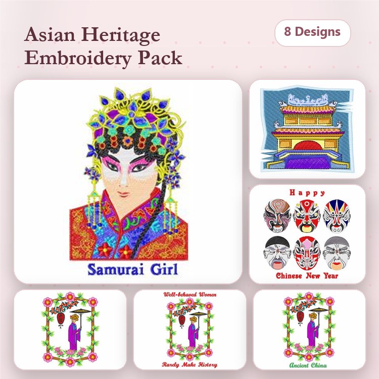 Asian Heritage Embroidery Designs Bundle – Samurai Girl, Chinese New Year Celebration, Traditional Chinese Opera Masks & More (8 Designs)