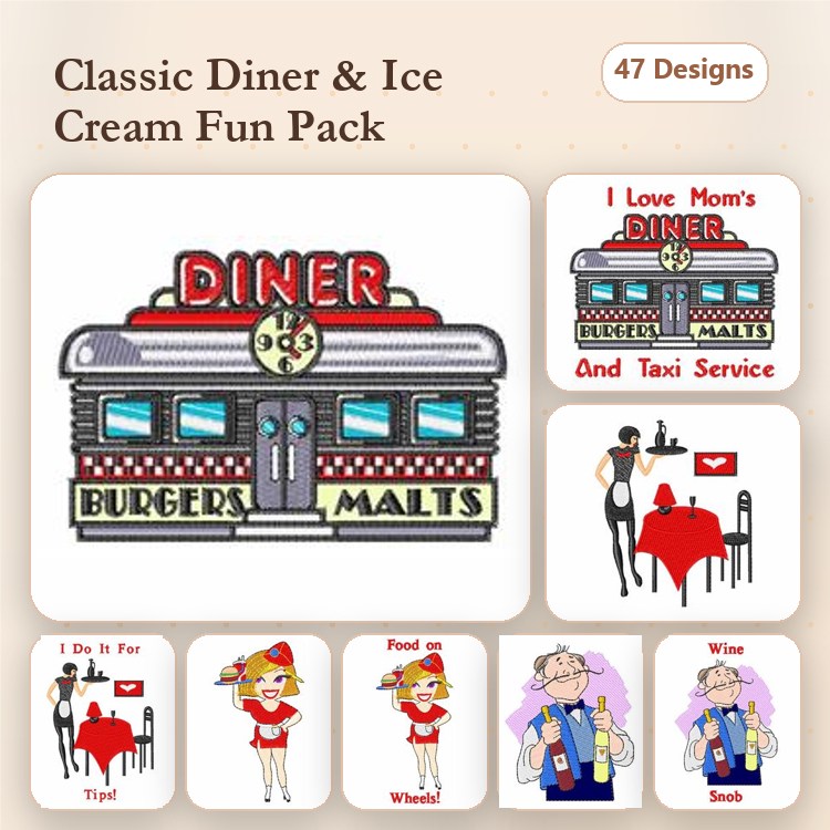 Classic Diner & Ice Cream Embroidery Designs Bundle – Diner Restaurant, Diner Waitress with Tray, Diner Chef & More (47 Designs)