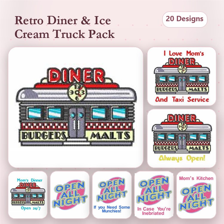 Retro Diner & Ice Cream Truck Embroidery Designs Bundle – Diner Building, Ice Cream Truck, Always Open Sign & More (20 Designs)