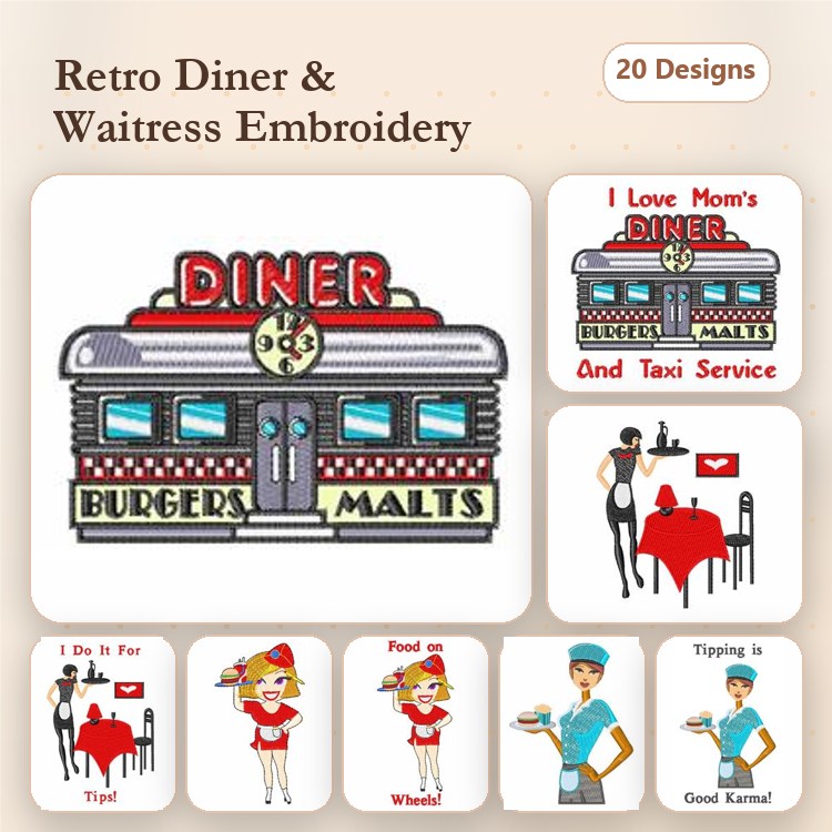 Diner Embroidery Designs Bundle – Waitress with Tray, Diner Sign, I Love Mom's Diner & More (20 Designs)